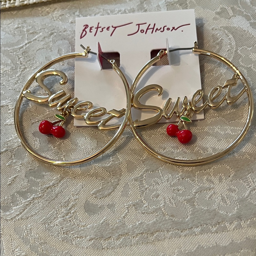 Betsey Johnson Gold Hoop Earrings with Red Cherry Accents NWT “Sweet”
